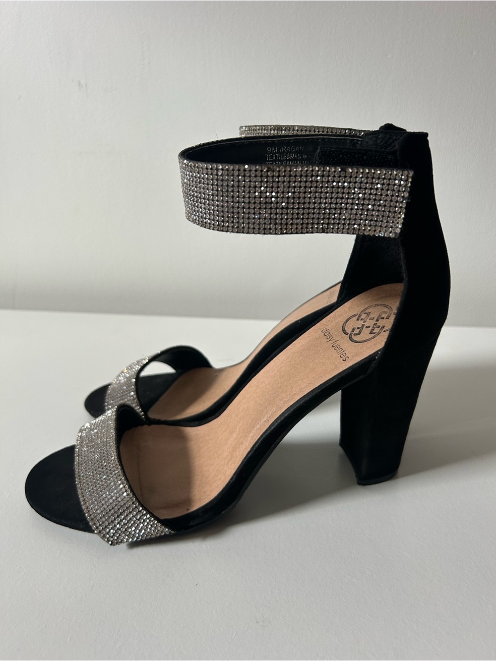Daisy Fuentes Black Block Heel Sandals with Silver Rhinestone Straps